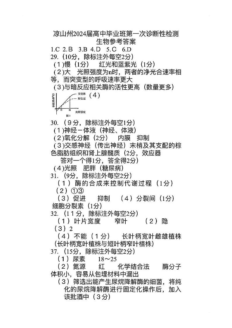 凉山州2024届高中毕业班第一次诊断性检测理综生物答案第1页