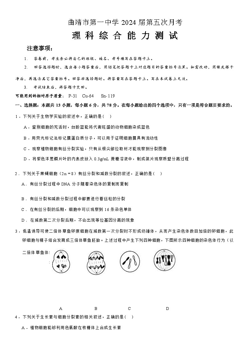 2024曲靖一中高三上学期第五次月考试题（12月）理综含答案01