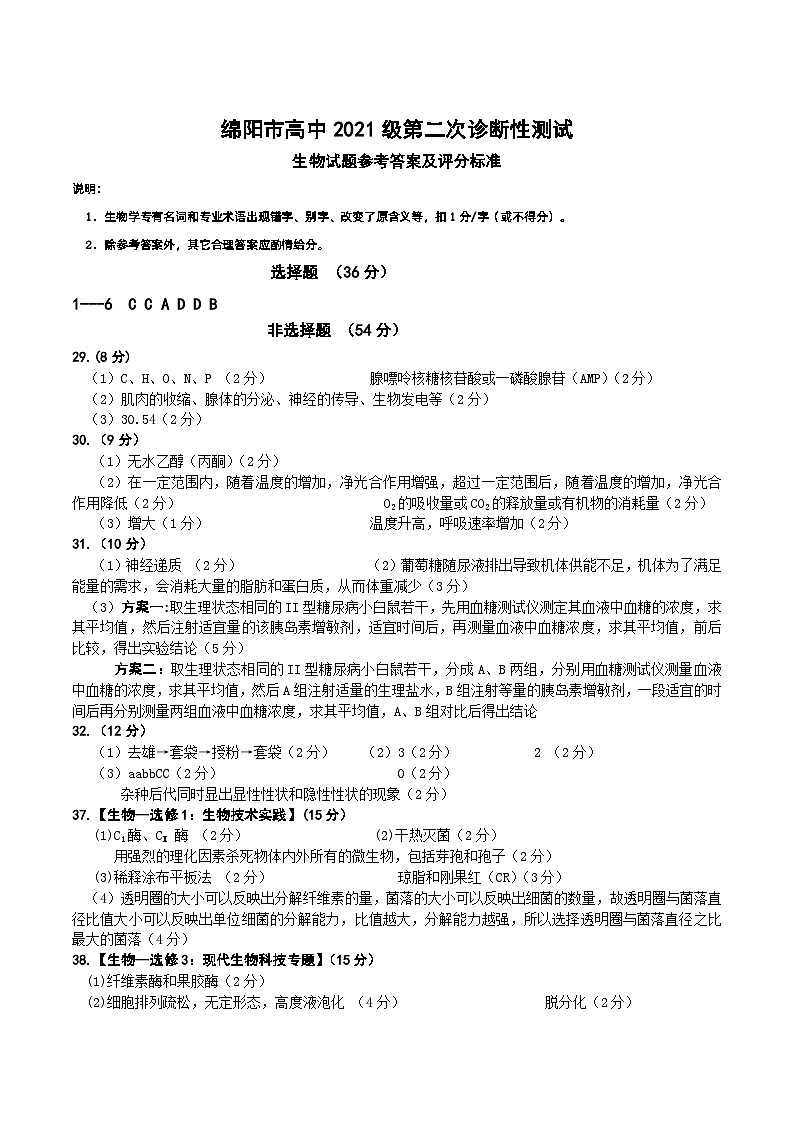 绵阳市高2021级第二次诊断考试理综试卷及参考答案01