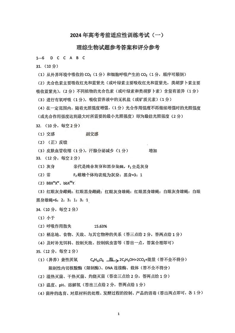 2024届山西省临汾市高三上学期考前适应性训练考试(一)理科综合试题01