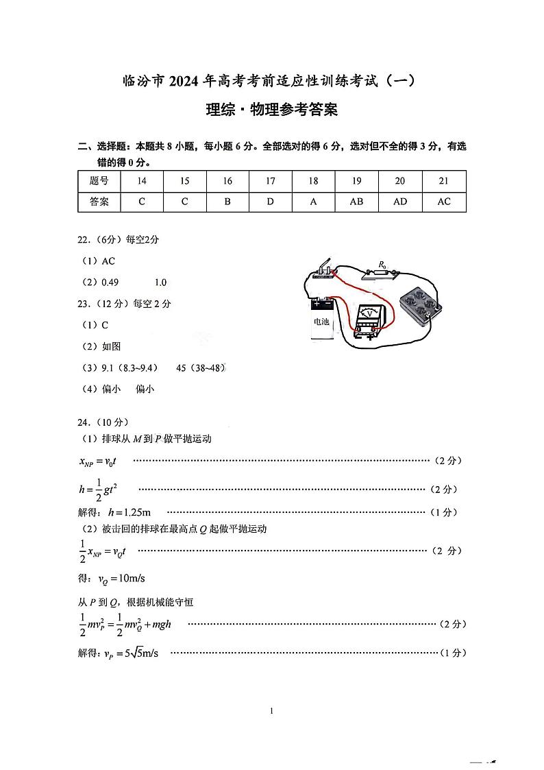 2024届山西省临汾市高三上学期考前适应性训练考试(一)理科综合试题02