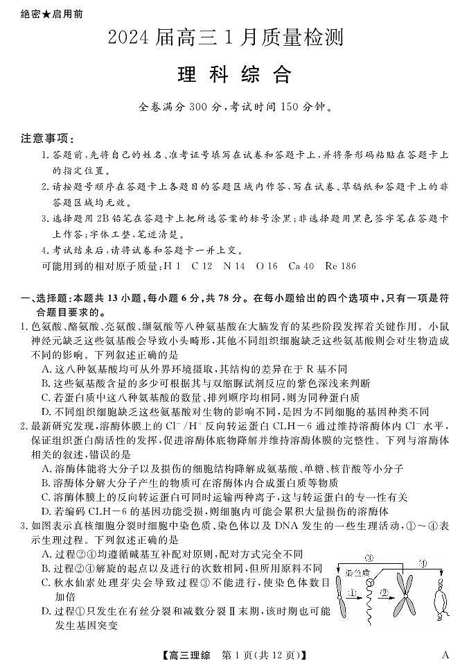 河南省许平汝名校2023-2024学年高三上学期1月期末质量监测试题理综试卷（PDF版附解析）01