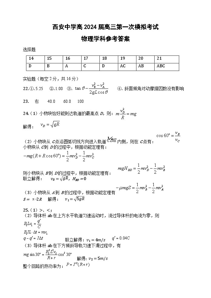 陕西省西安中学2024届高三模拟考试（一）理综01