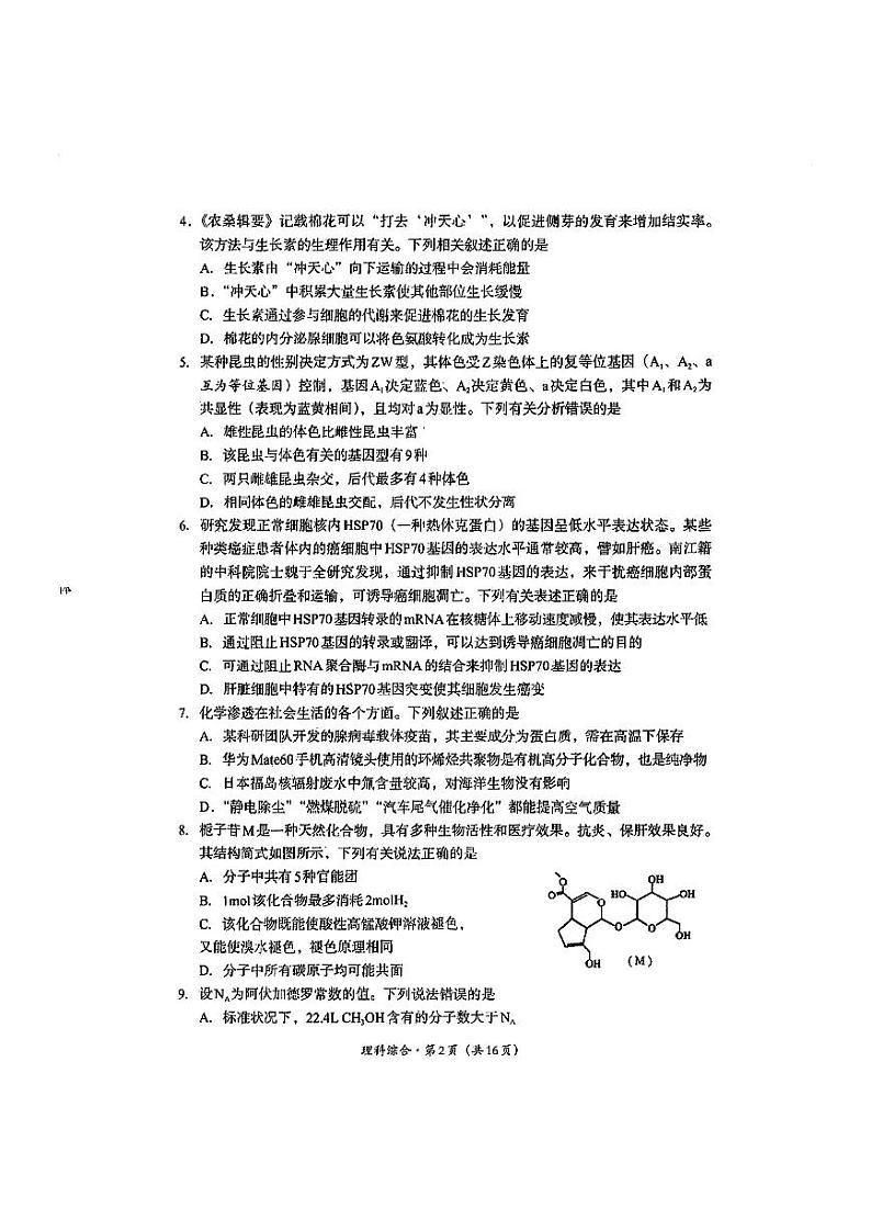 2024届巴中市高三一诊理科综合试题和答案02