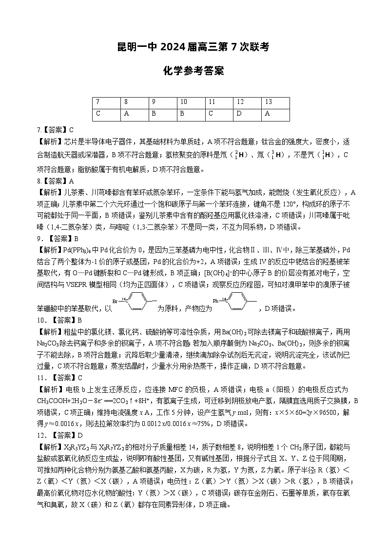 云南省昆明市第一中学2023-2024学年高三下学期第七次月考理综试卷（Word版附解析）01