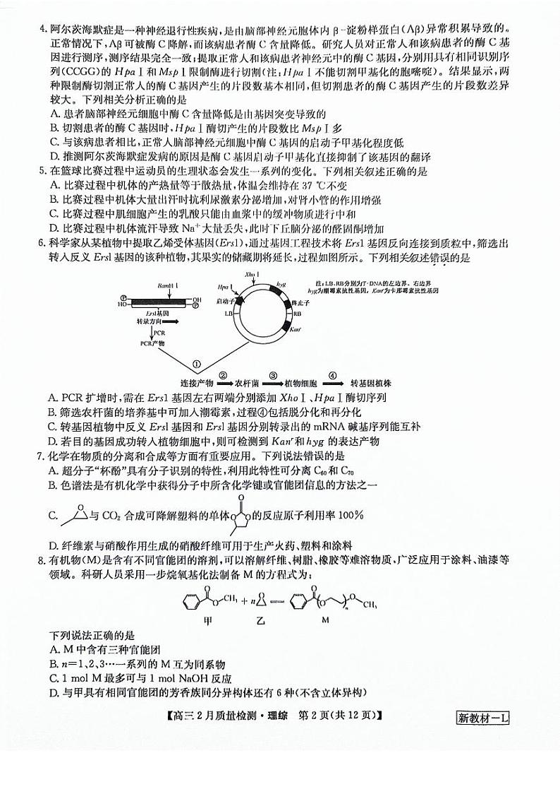 九师联盟2023-2024学年高三下学期2月质量检测 理综试题第2页