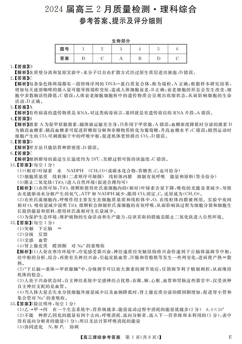 河南省部分重点中学2024届高三下学期二月质量检测理综试题及答案01
