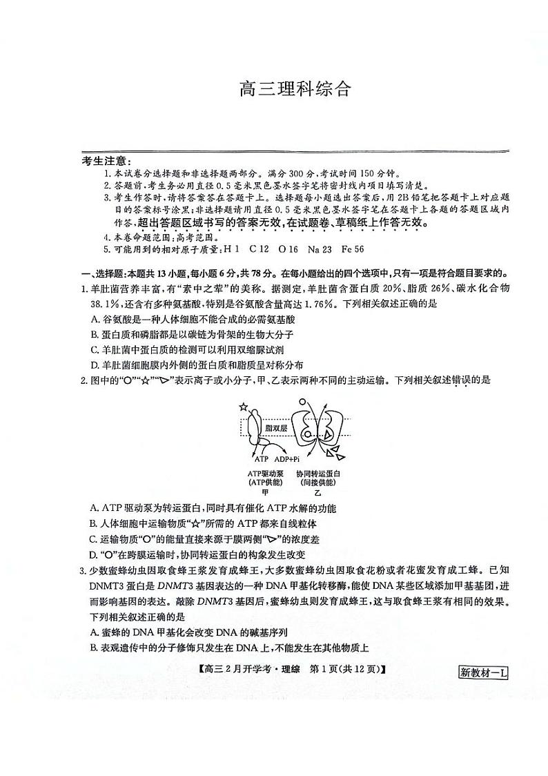 九师联盟2023-2024学年下学期高三2月考试 理综试题及答案01