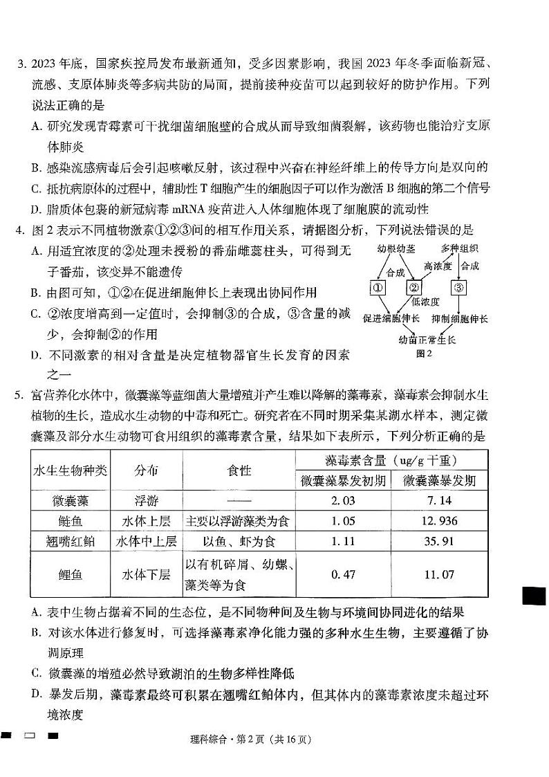2024届云南省三校高考备考实用性联考卷（六）理科综合及答案02