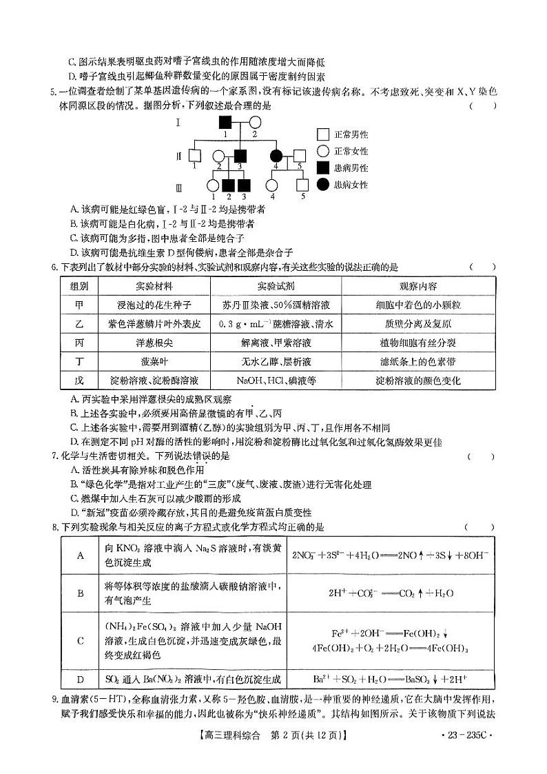 阜阳2022-2023学年度高三第一学期期末统考理综试题及答案02