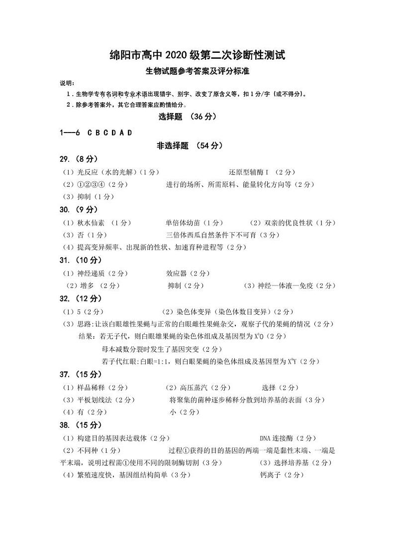 2023届绵阳市高三第二次模拟理综试题及答案01