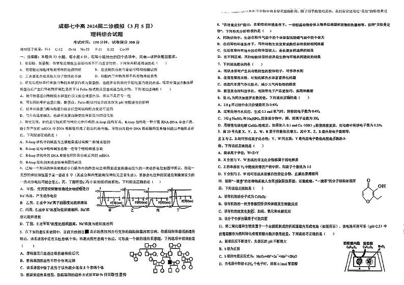四川省成都市7中2024届高三下学期二模诊断考试理科综合试卷及答案第1页