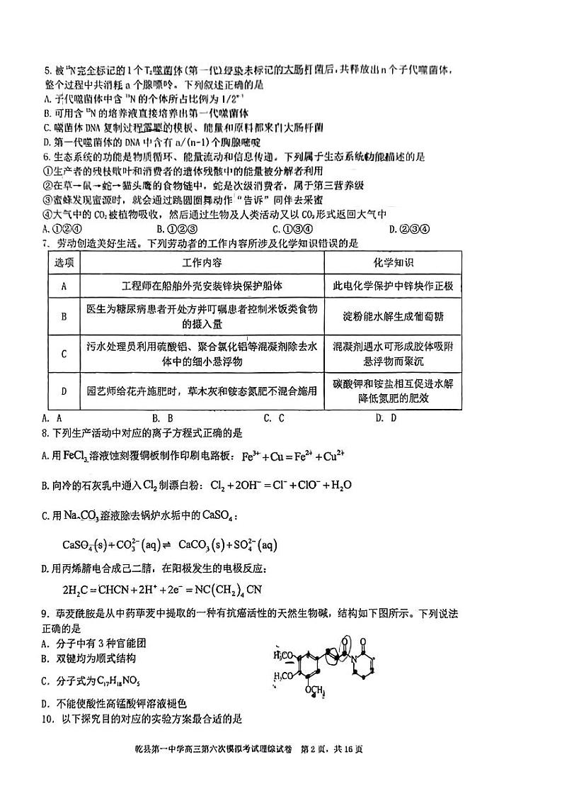 2024届陕西省咸阳市乾县第一中学高三下学期第一次模拟考试理综试题02