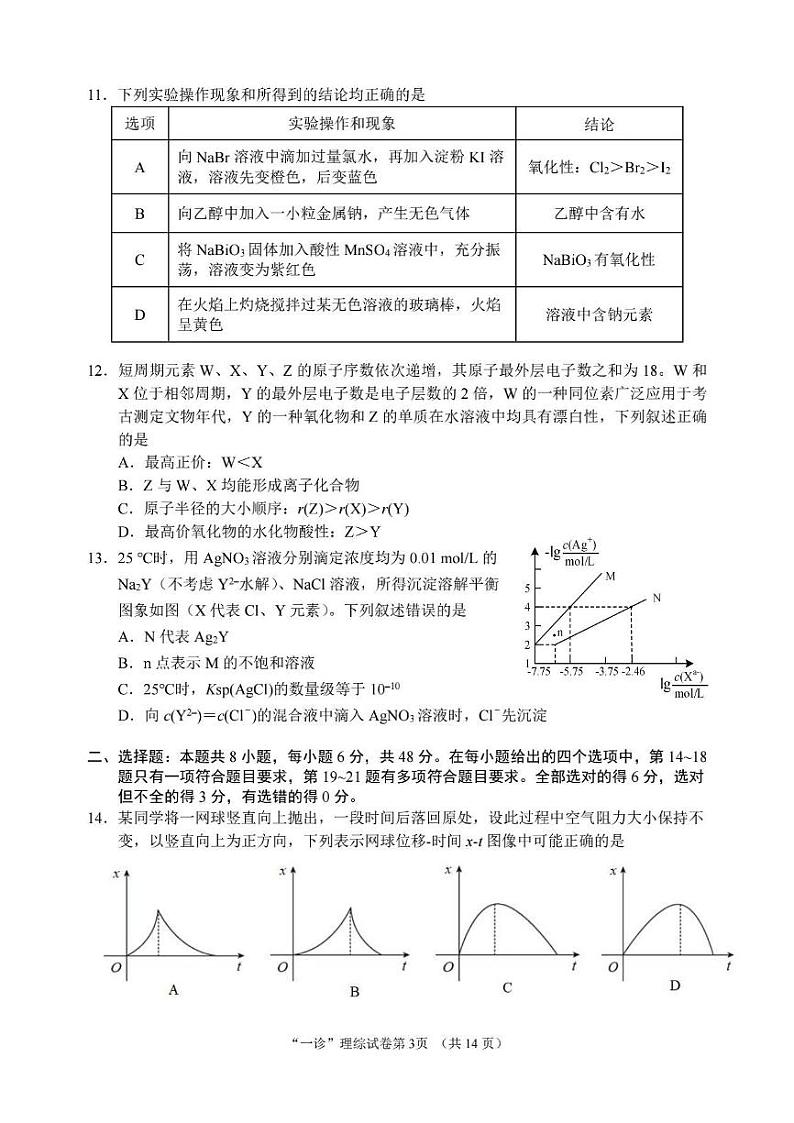 南充市2023届高三第一次模拟理综试题及答案03