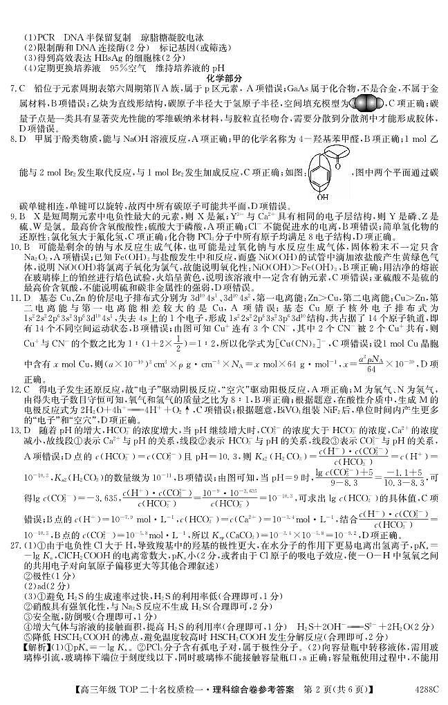 2024届河南省TOP二十名校高三年级下学期质检（一）理综答案第2页