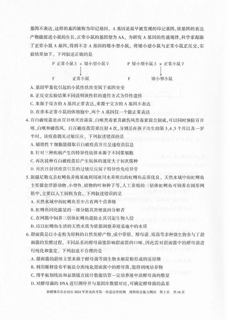 新疆维吾尔自治区2024届高三下学期第一次适应性检测（一模）理综试卷（PDF版附答案）02