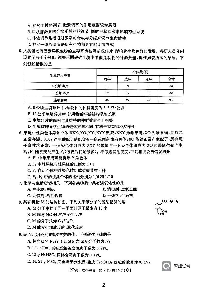 2024届陕西省西安博爱国际学校高三下学期第一次模拟考试理科综合试卷02