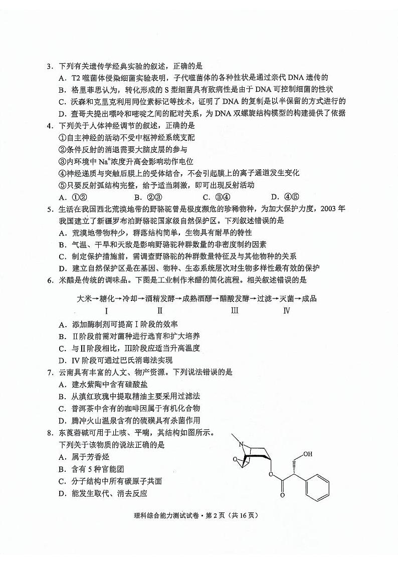 2024届云南省第一次高中毕业生复习统一检测(一模)理综试题含答案02