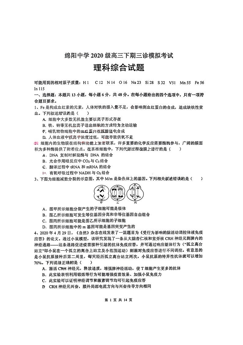2023届四川省绵阳中学高三下学期三诊模拟考试理科综合试题第1页