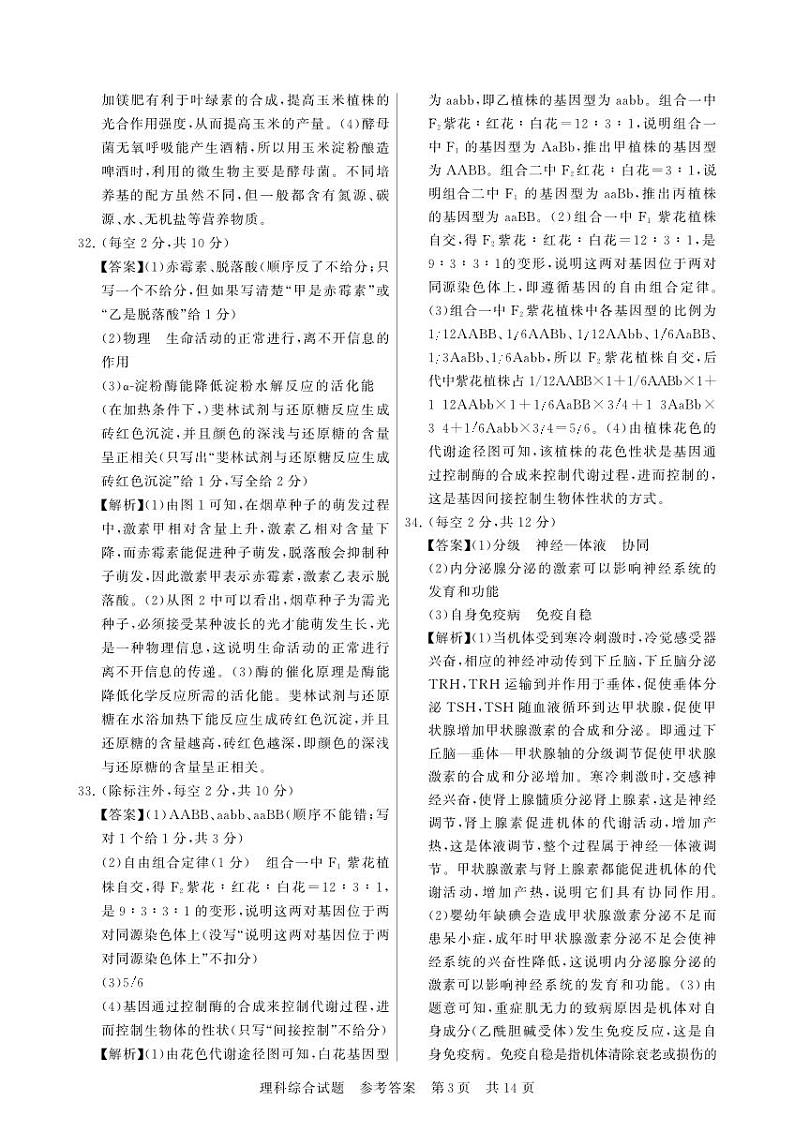 山西3月联考理综答案第3页