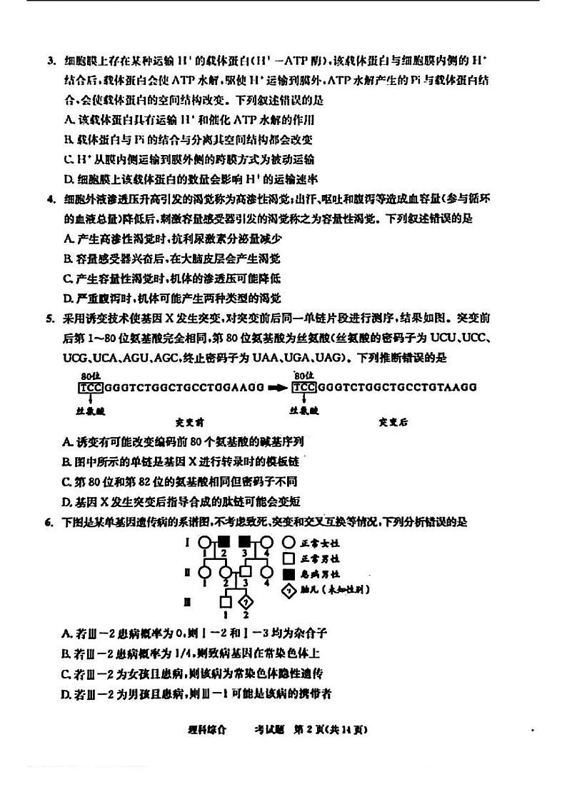 2024届四川省成都市高三二诊考试-理科综合第2页
