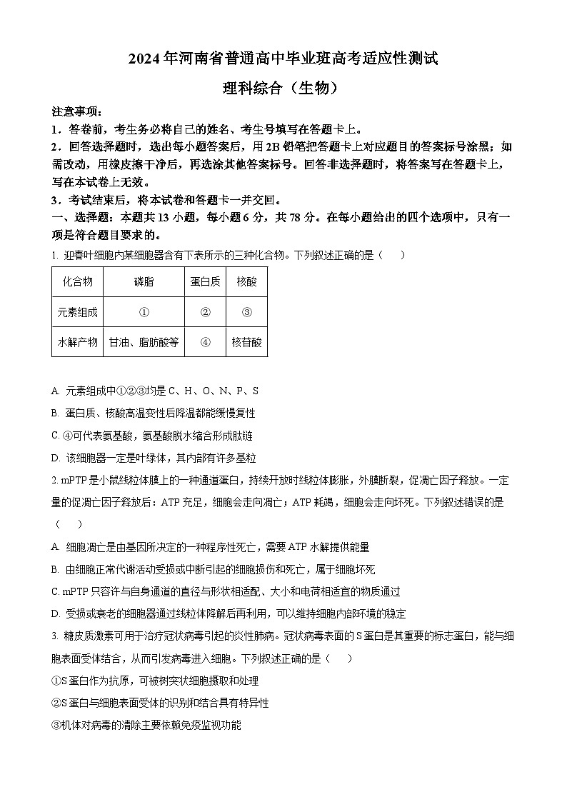 精品解析：2024届河南省高三下学期适应性测试理综生物试题（原卷版）第1页