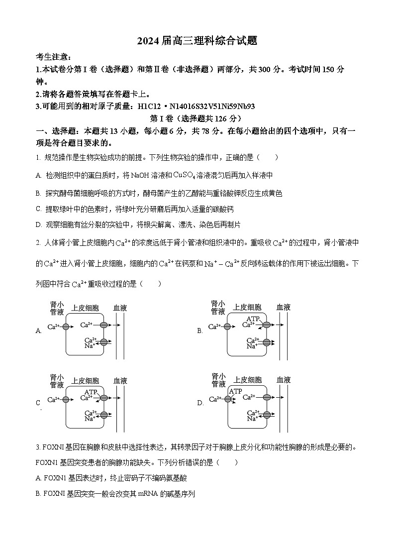 精品解析：2024届四川省部分学校高三一模联考理综生物试题（原卷版）第1页