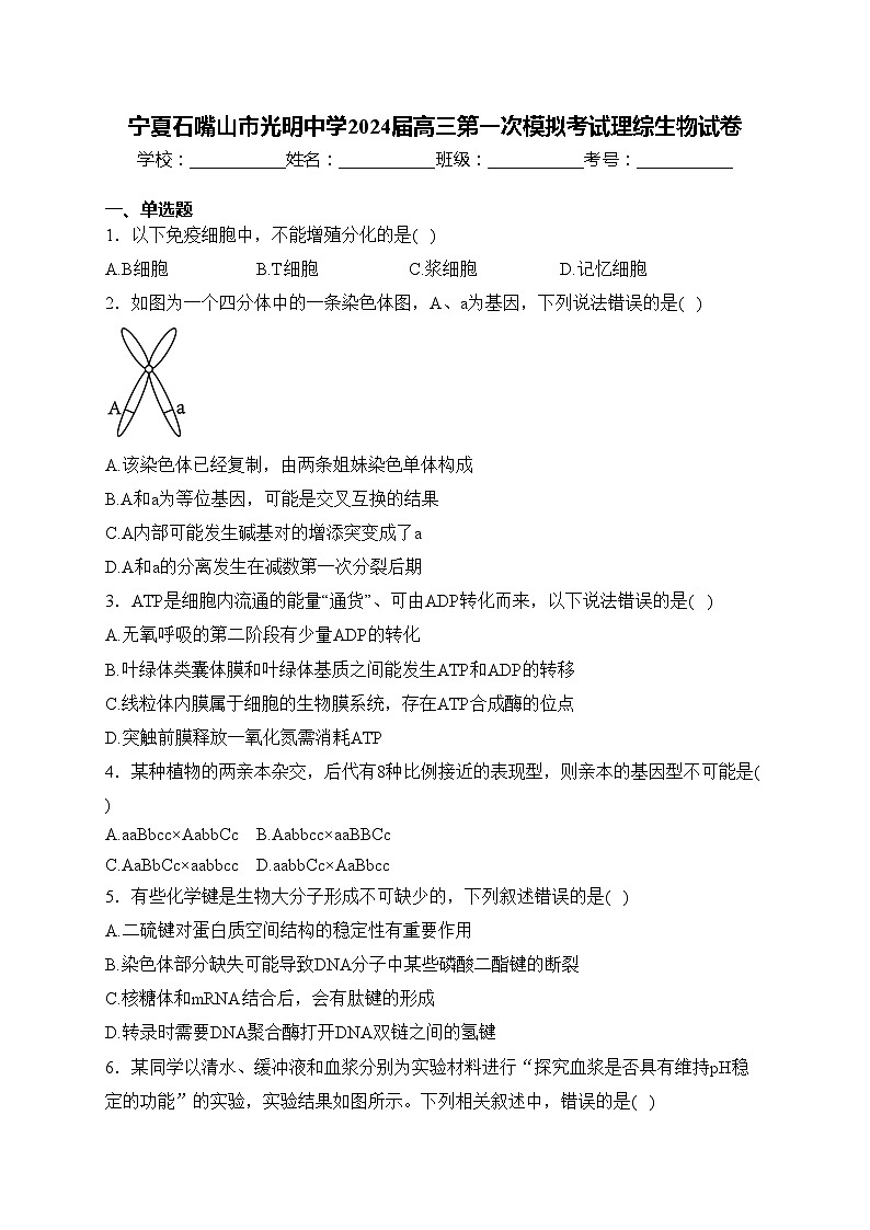宁夏石嘴山市光明中学2024届高三第一次模拟考试理综生物试卷(含答案)01