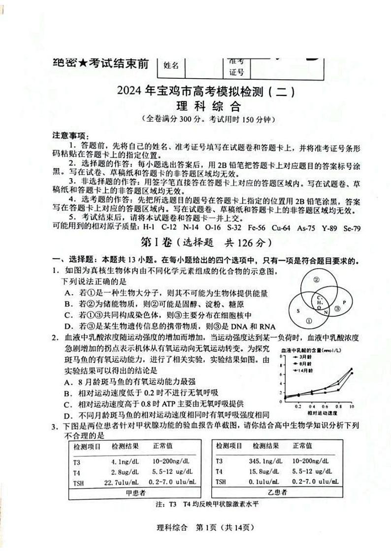 2024届陕西省宝鸡市高三下学期第二次模拟考试理科综合试题第1页