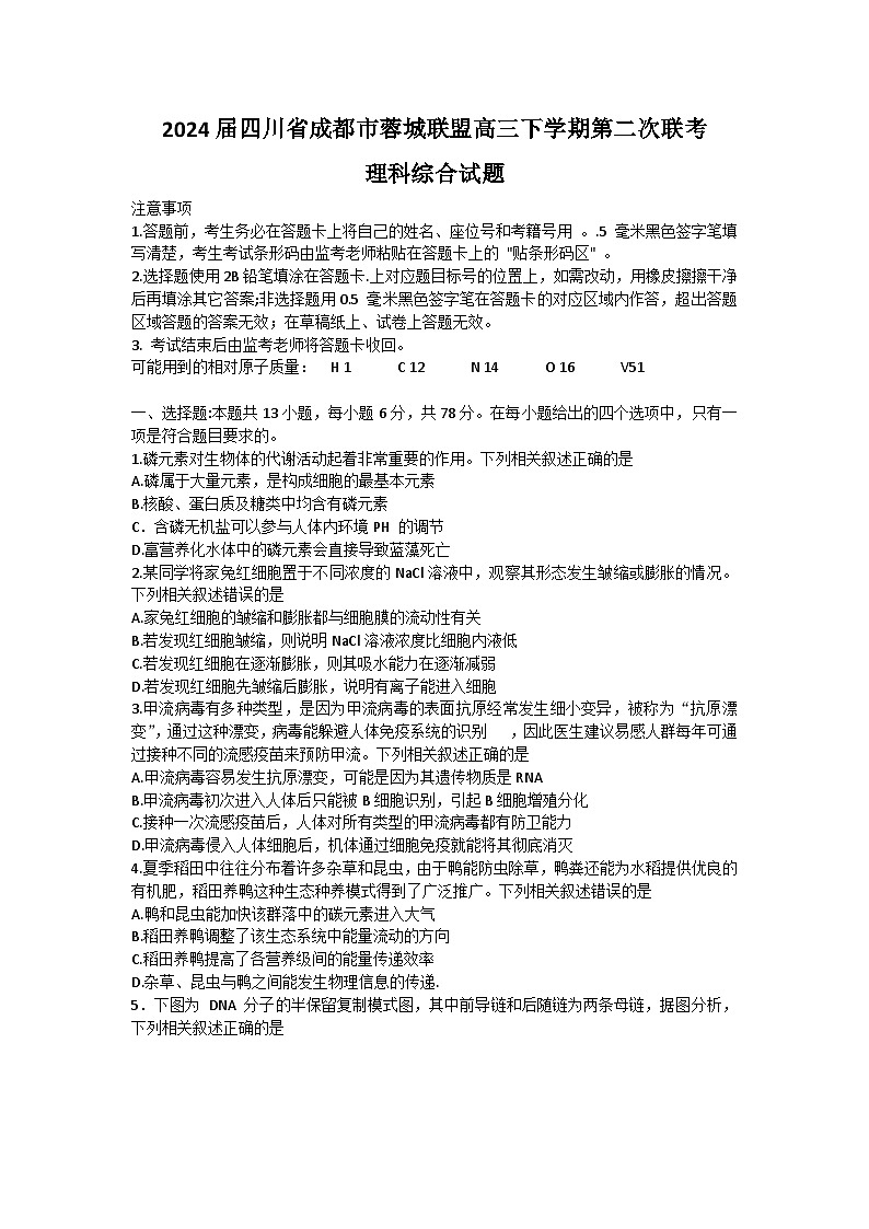 2024届四川省成都市蓉城联盟高三下学期第二次联考理科综合试题第1页