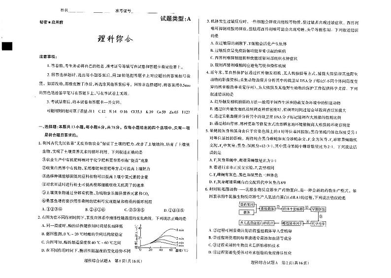 山西省2024届高三下学期一模试题 理综 PDF版含答案01