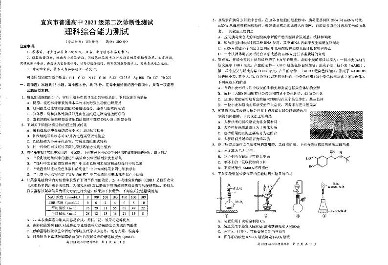 四川省宜宾市2024届高三下学期第二次诊断性考试 理综 PDF版无答案第1页