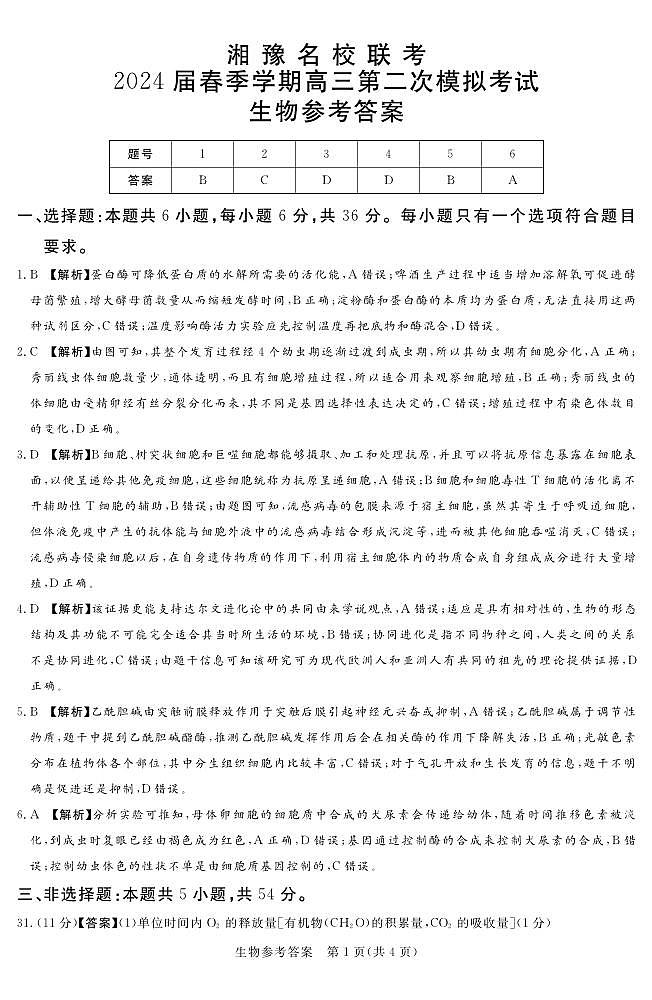 2024届湘豫名校联考高三第二次模拟考试理综试题+答案01
