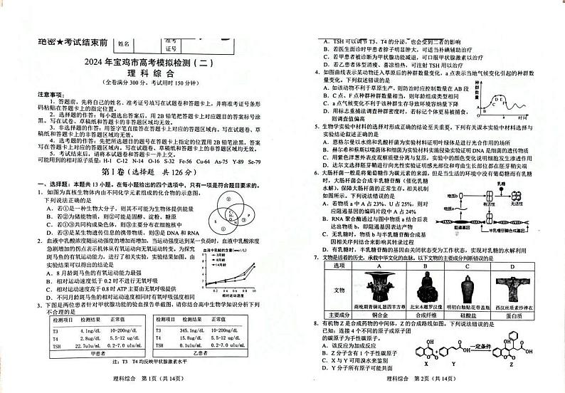 陕西省宝鸡市2024届高三下学期高考模拟检测（二） 理综 PDF版含答案第1页