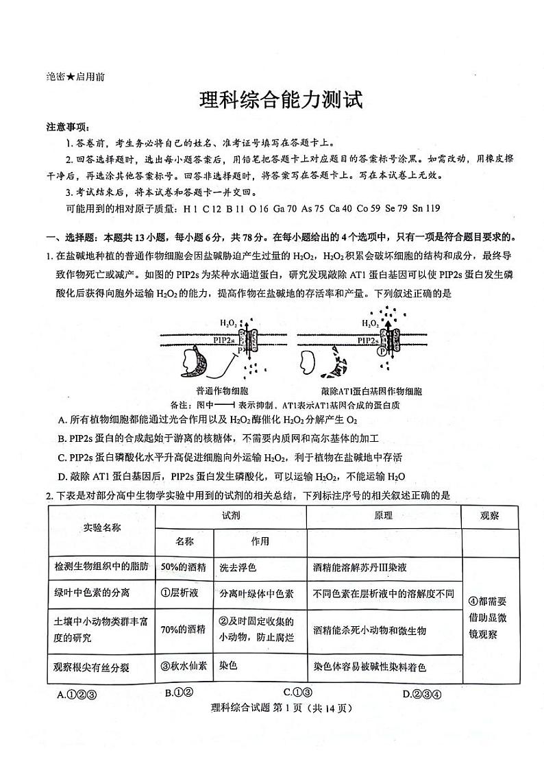 河南省郑州市名校教研联盟2024届高三下学期3月模拟预测试题 理综 PDF版含解析01