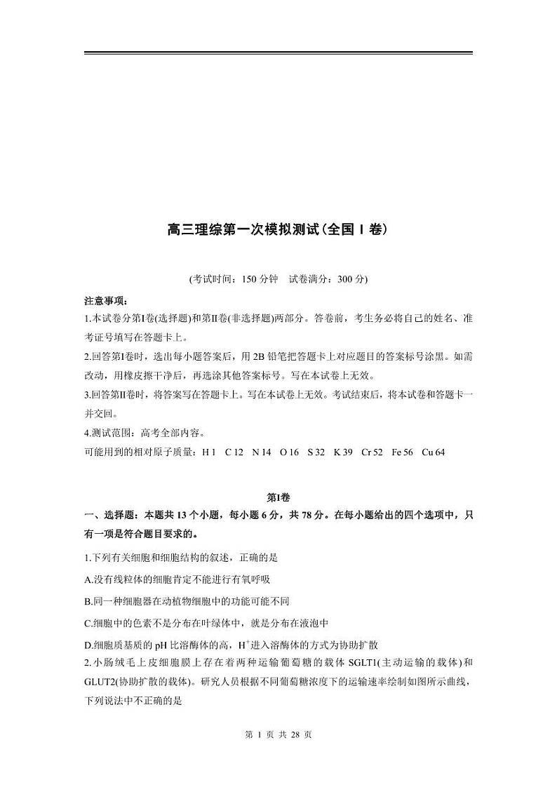 2024年高三理综第一次模拟测试（全国I卷）第1页