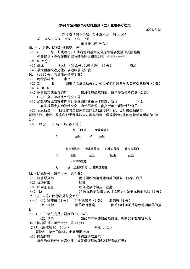 2024届陕西省宝鸡市高三下学期3月第二次模拟考试理综试题及答案03