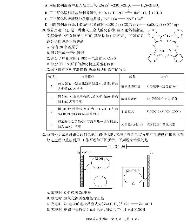 2024届河南省高三下学期3月适应性测试理综试题及答案03