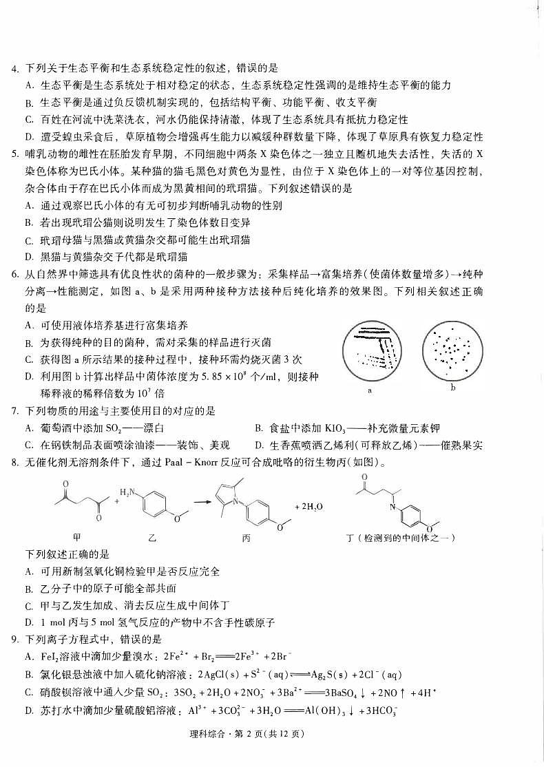 昆明市第一中学2024届高中新课标高三下学期3月第八次考前适应性训练理综试题及答案02