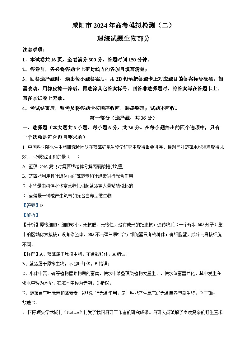 2024届陕西省咸阳市高三下学期模拟检测（二）理综生物试题（解析版）第1页