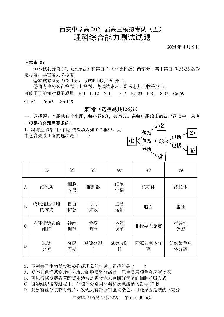 2024西安中学高三下学期模拟考试（五）理综PDF版含答案第1页