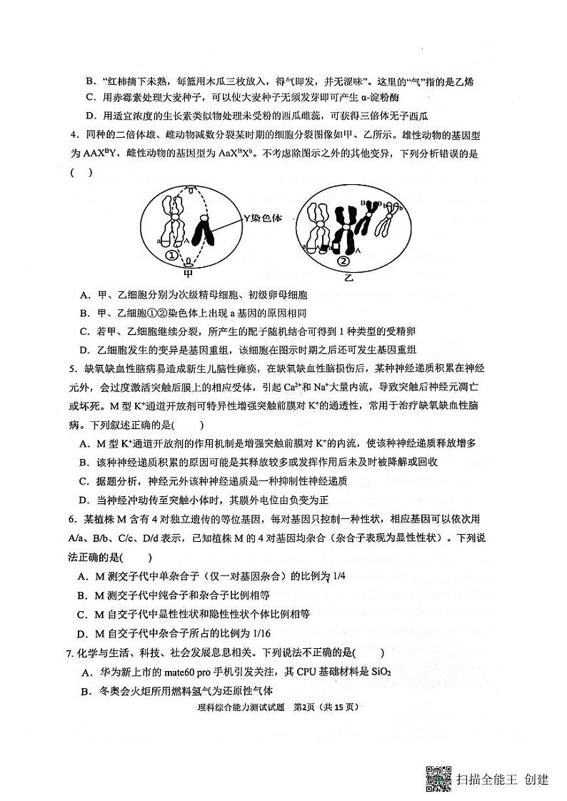2024届陕西省汉中市高三下学期第二次检测（汉中二模）理综第2页