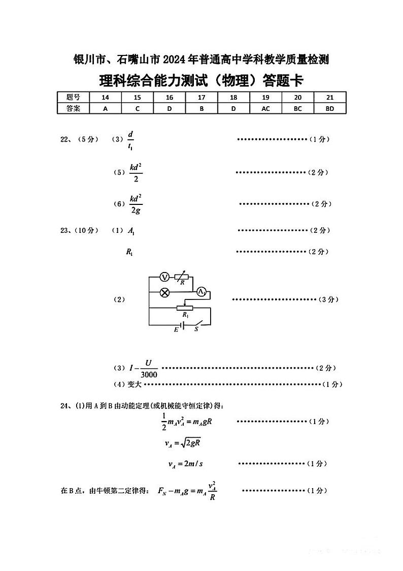 2024届宁夏银川市、石嘴山市普通高中学科4月教学质量检测理科综合试题01