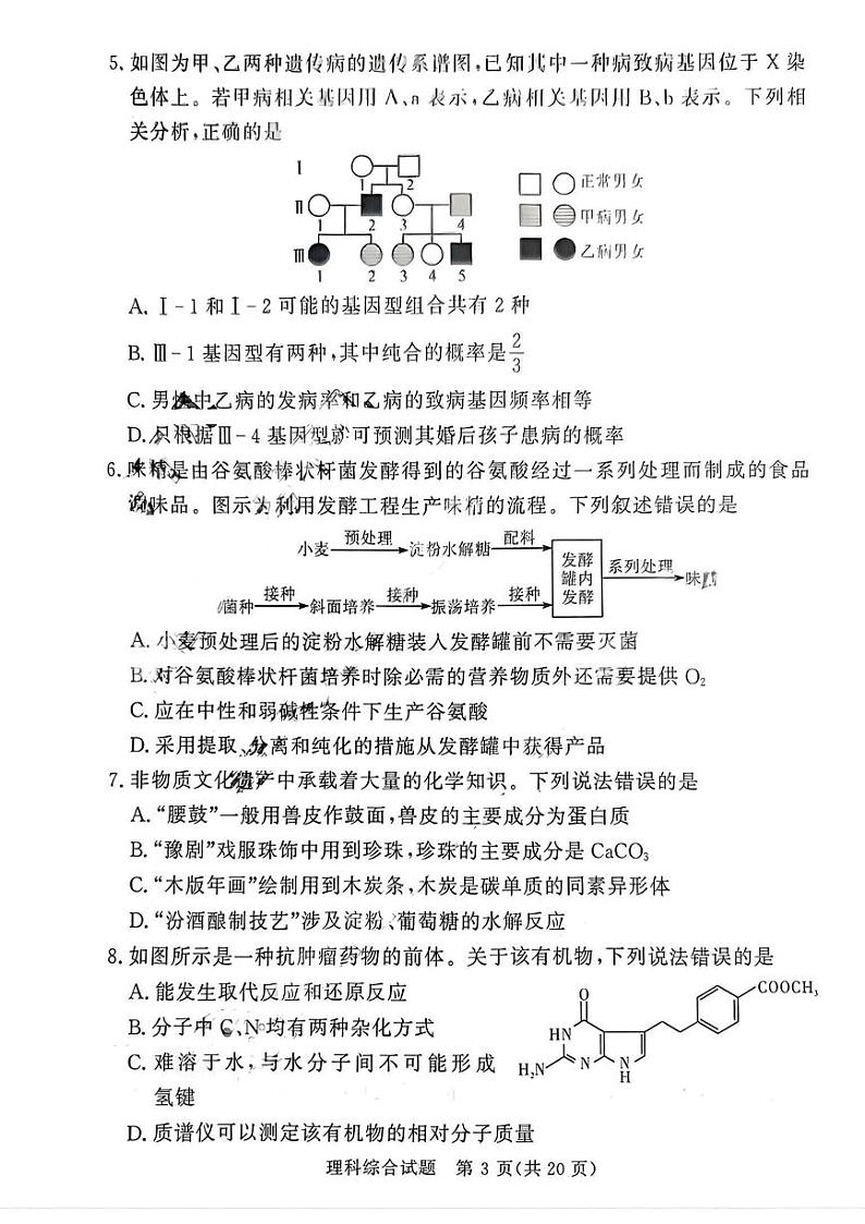 湘豫名校联考2024届春季学期高三第三次模拟考试 理综试题（无答案）第3页