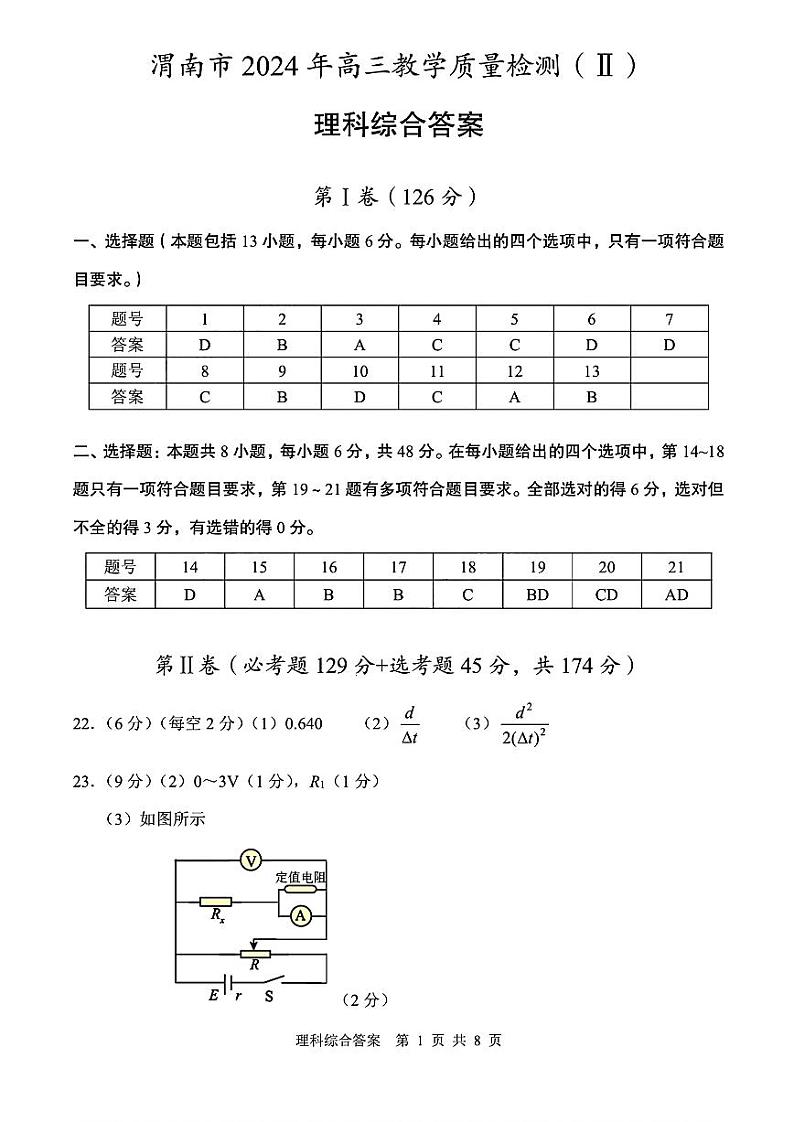 渭南市2024年高三教学质量检测（Ⅱ） 理综试卷（附参考答案）01