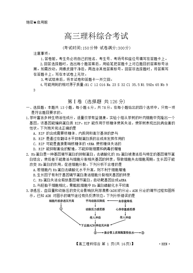 河南省名校联盟2024届高三下学期4月教学质量检测理综试卷（Word版附解析）第1页