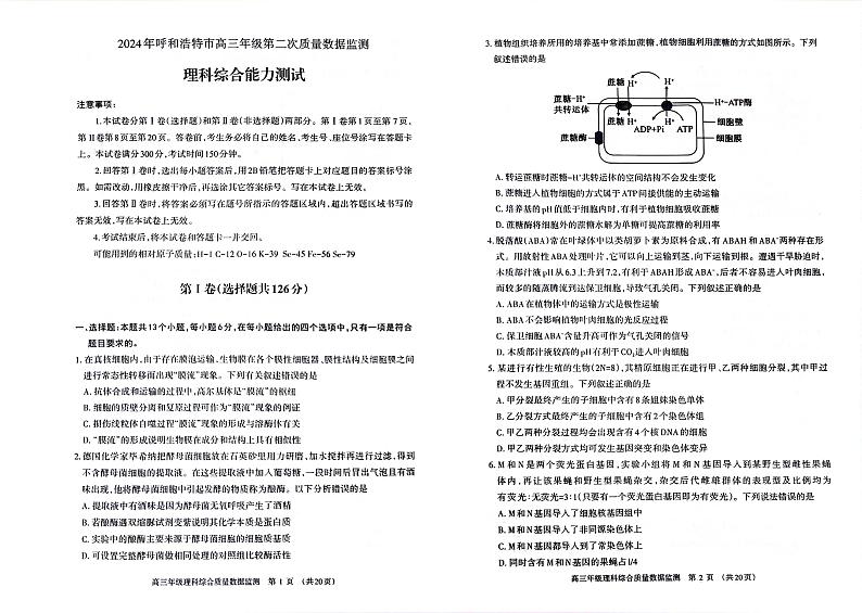 内蒙古呼和浩特市2024届高三第二次模拟考试试题  理综01