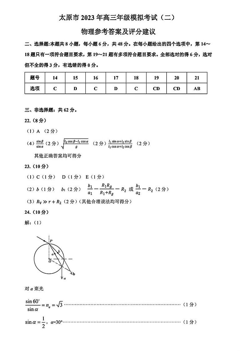 2024届山西省太原市高三下学期第二次模拟考试理综试题01