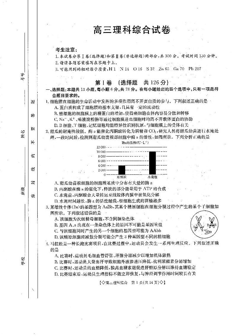海南州贵德高级中学2024届高三第九次模拟考试（理科综合）试题第1页