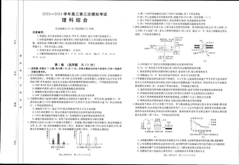 河南省新乡市2024届高三下学期第三次模拟考试理综试卷（PDF版附解析）01